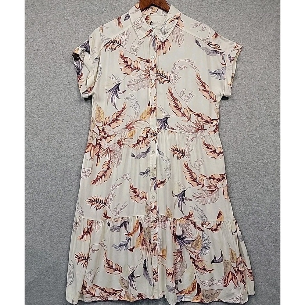 CUPIO Short Sleeve Floral Button Down Tiered‎ Shirt Dress Recycled Rayon Size L